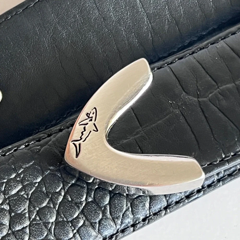 Greg Norman Black Croc Embossed Leather Belt Shark Logo Mens Size 36
